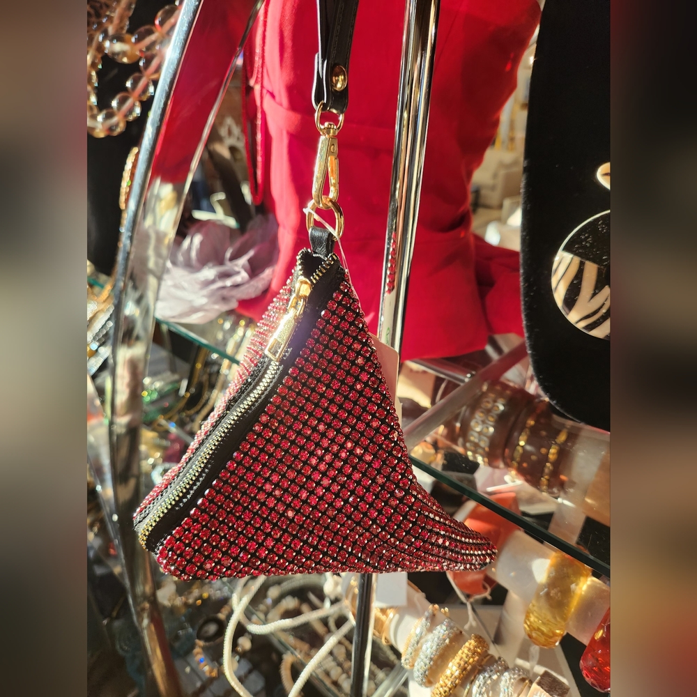 Triangular Red Rhinestone Evening Bag with Zipper - Picture 6 of 16